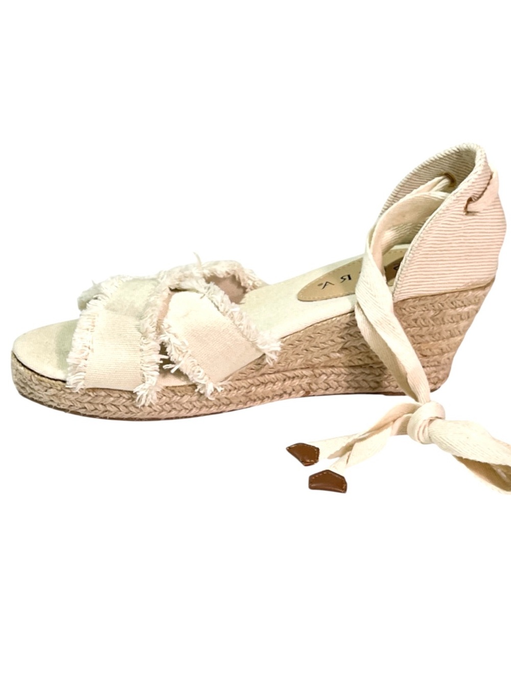Serra (Aldi) Womens Size 8 Ivory Frayed Canvas Lace-Up Ankle Tie Espadrille Wedg